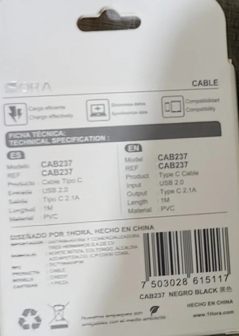 CAB237 - 1M Cable Tipo "C" y "A" 2.1A De Carga y Datos 1Hora