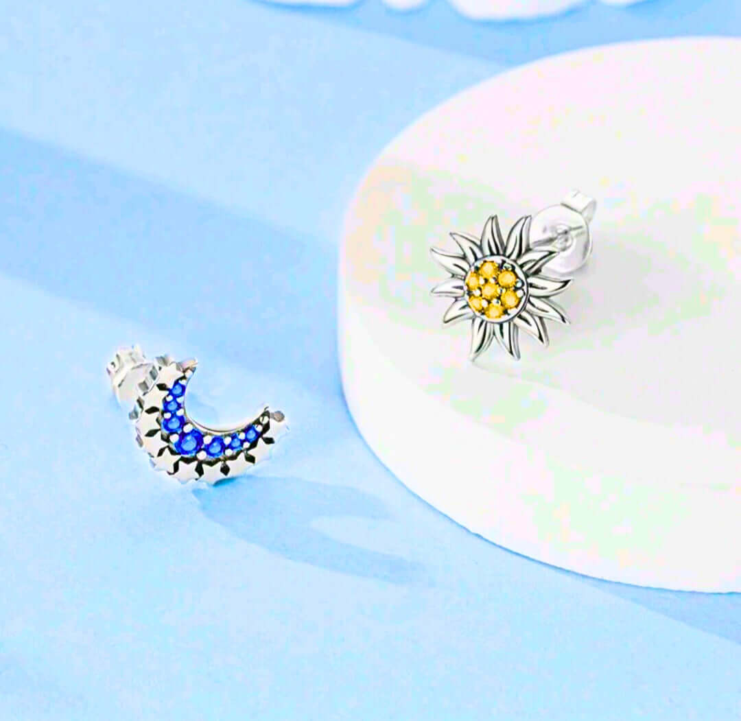 SE0001 - Aretes S925 Ley "Sol y Luna" Circonita Cubica Azul y Amarillo Calenbi