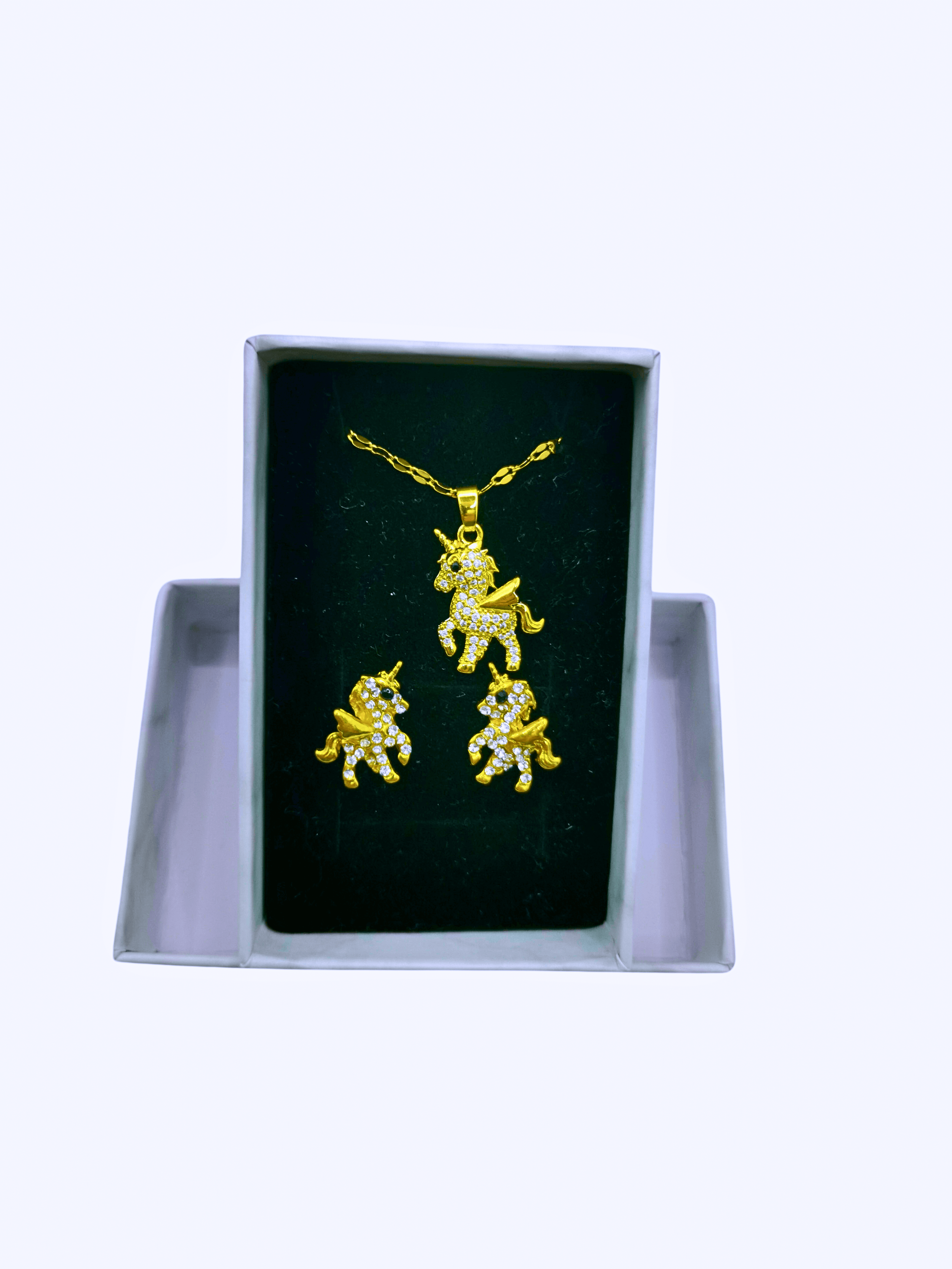 GCB0005 - Collar y Aretes Acero Inoxidable Unicornio Circonita Cubica Blanca Calenbi