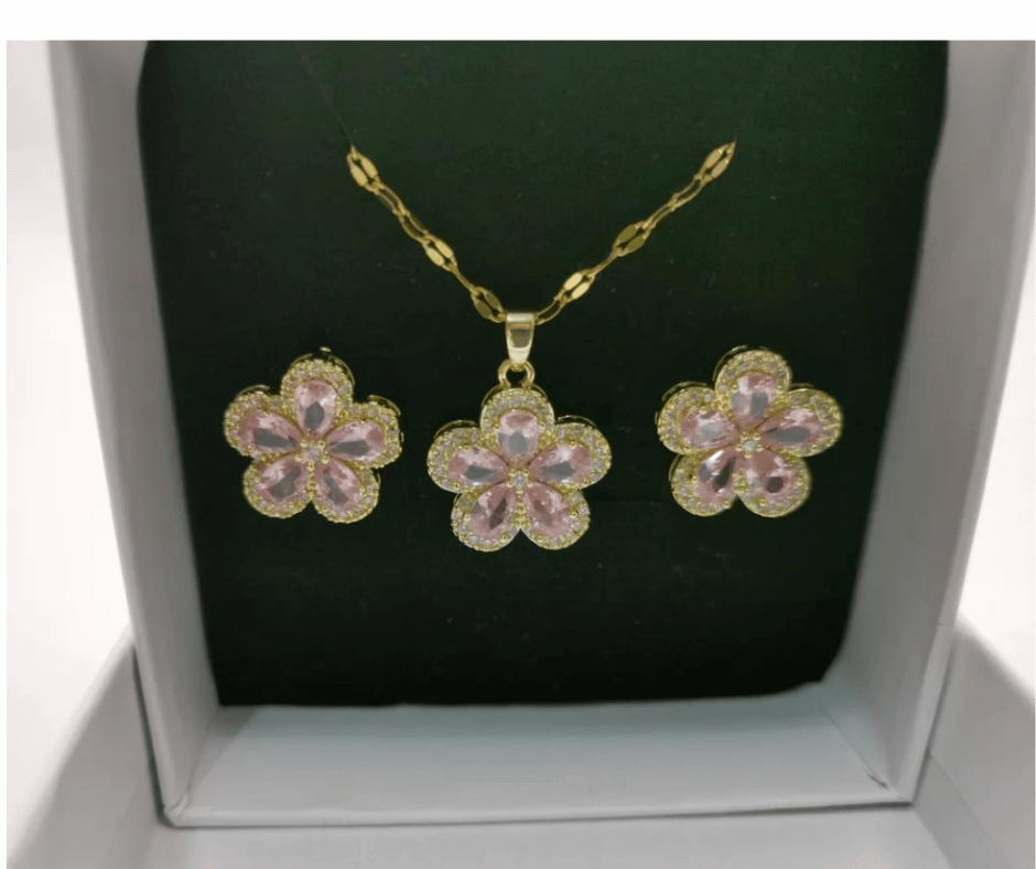 NEB0010 - Collar y Aretes Acero Titanio Circonita Cubica Rosa Flor Calenbi