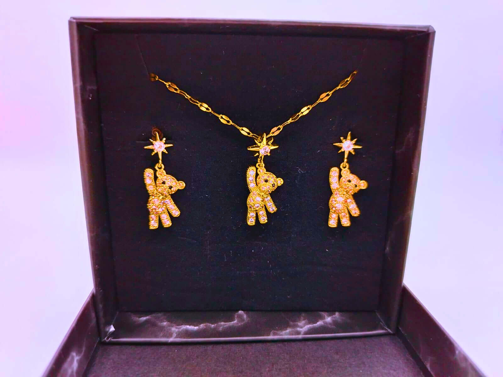 NEB0002 - Collar y Aretes Acero Inoxidable Oso Circonita Cubica Blanca Calenbi