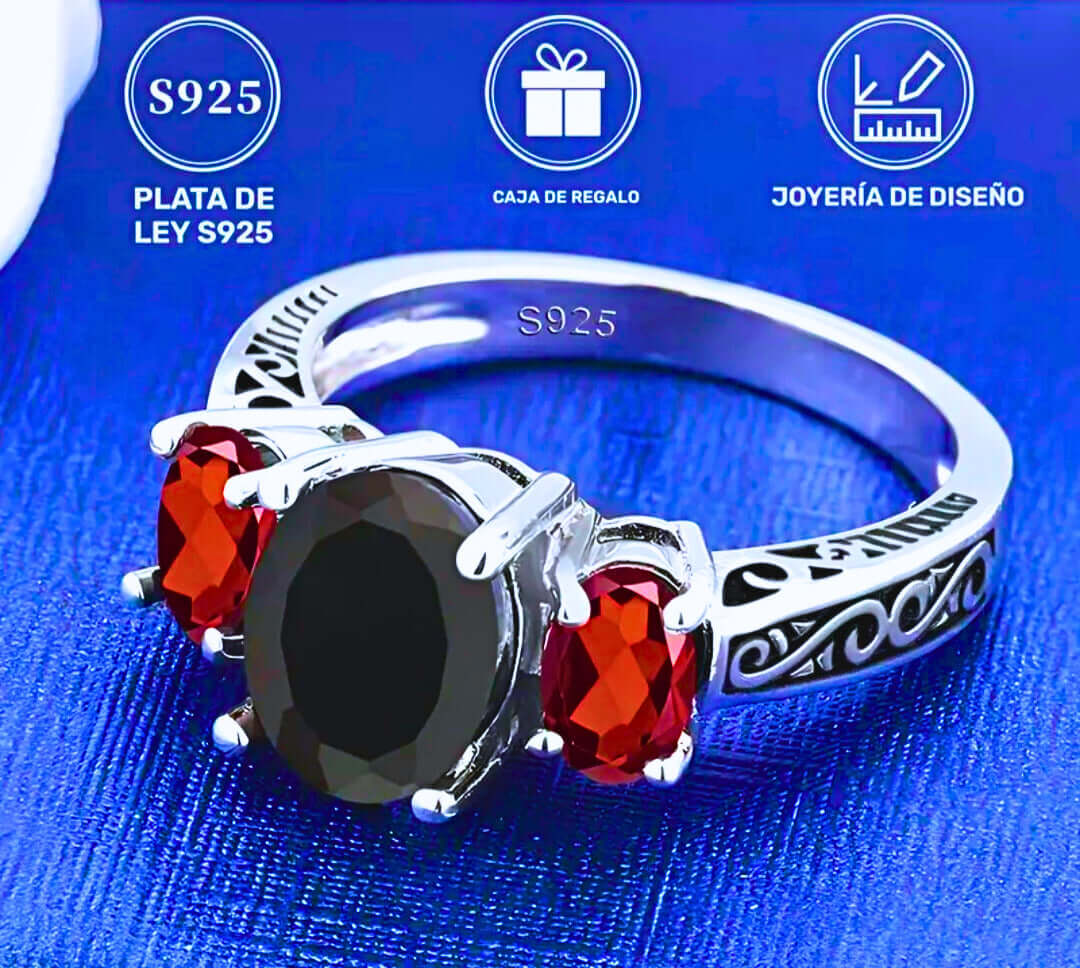 SR0008 - Anillo S925 Ley Circonita Negra y Roja Cerrado Calenbi
