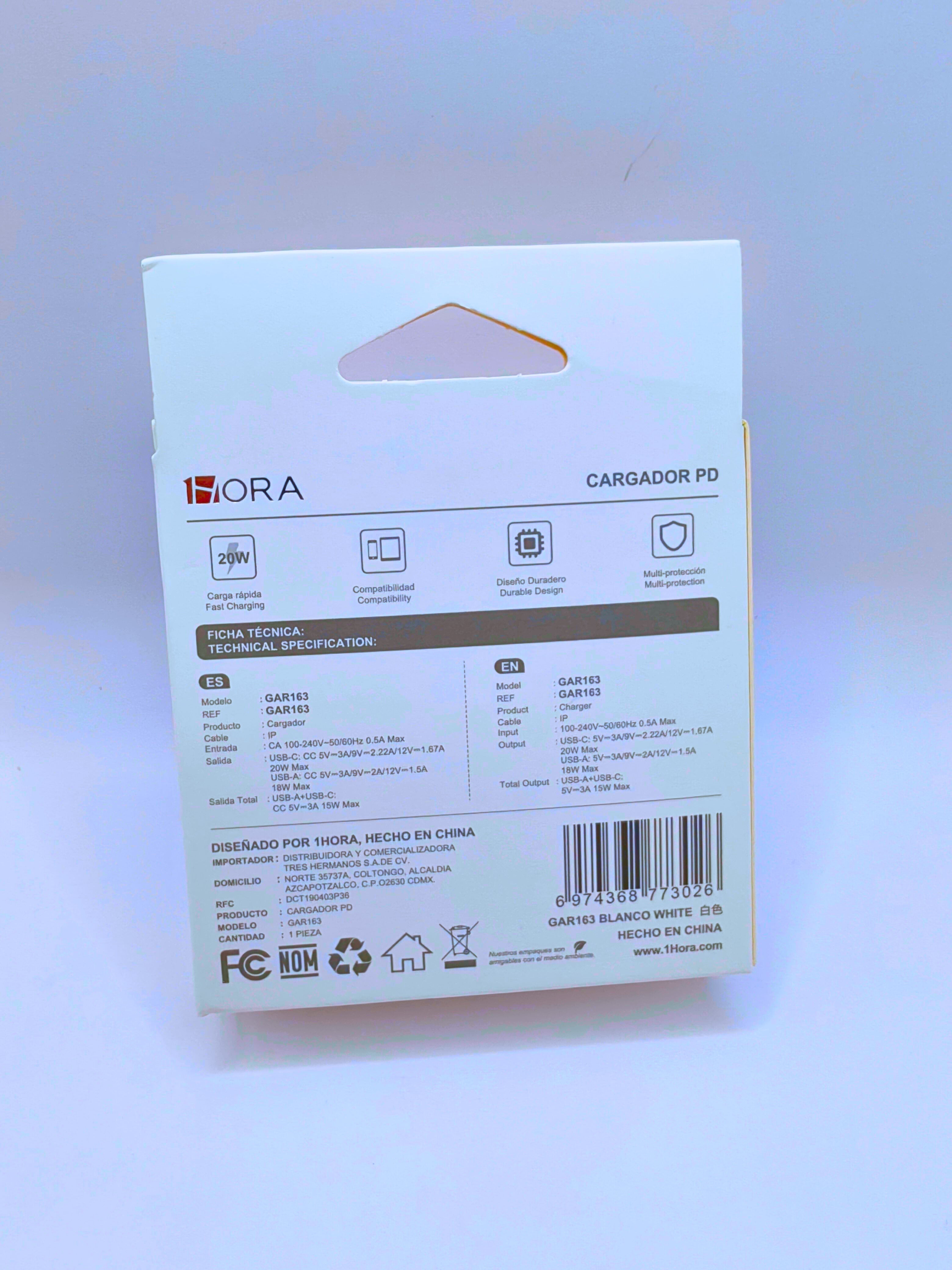 GAR163 - Cargador De Doble Puerto (USB "C" y USB "A") 20W y Cable IP