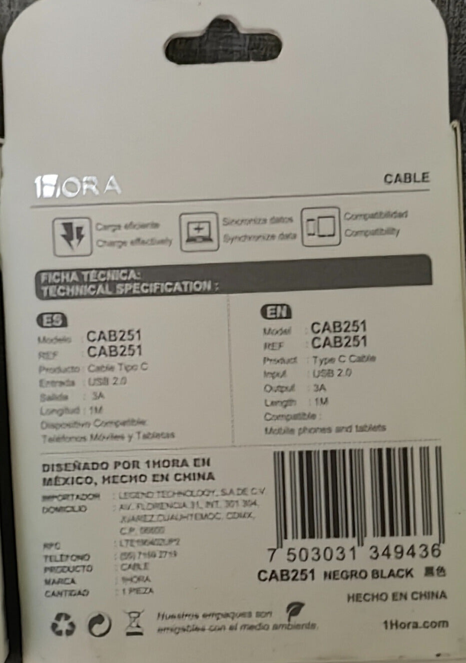 CAB251 - Cable Tipo "C" y "A" 3A 1Metro 1Hora