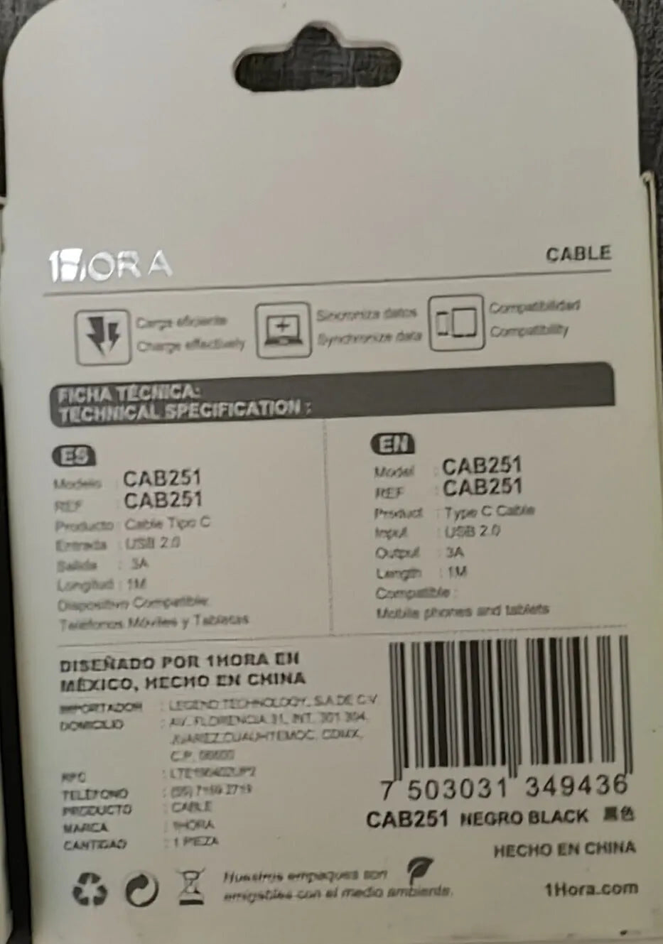 CAB251 - Cable Tipo "C" y "A" 3A 1Metro 1Hora