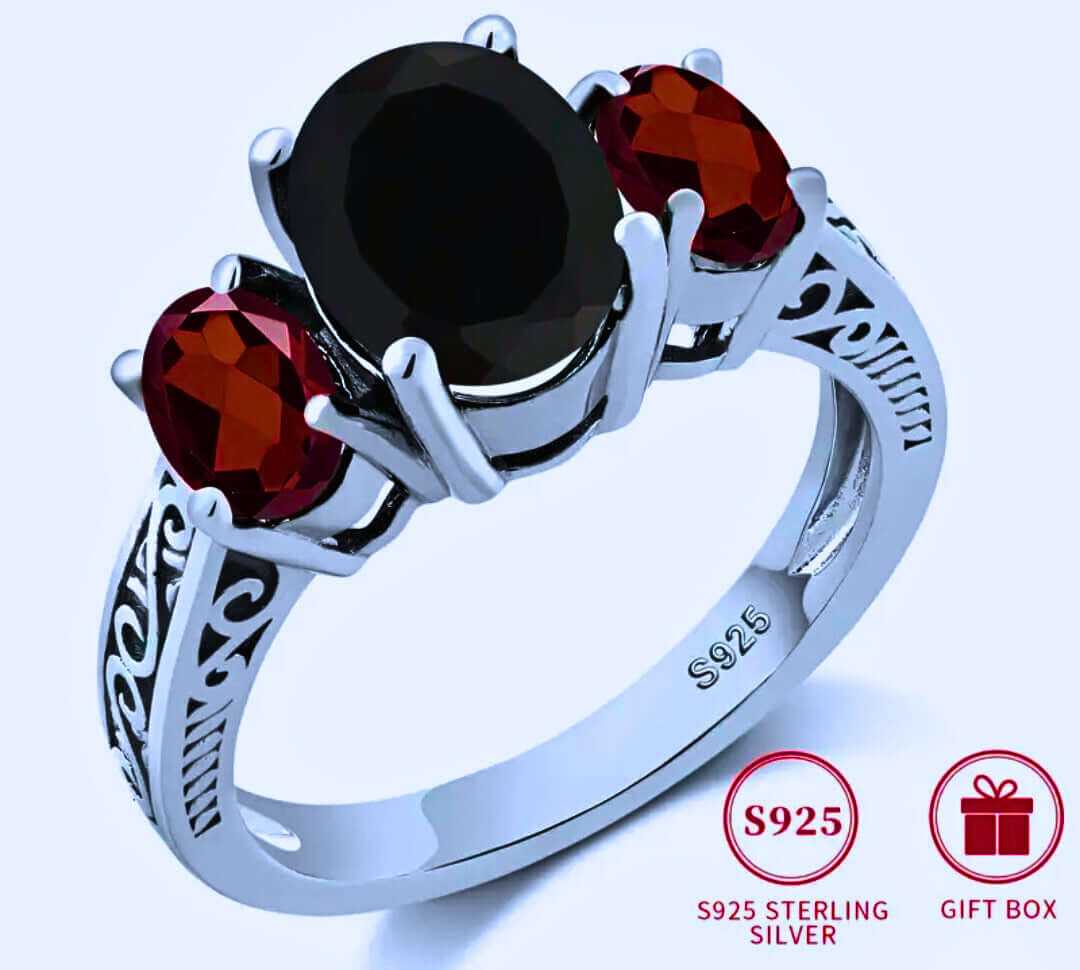 SR0008 - Anillo S925 Ley Circonita Negra y Roja Cerrado Calenbi