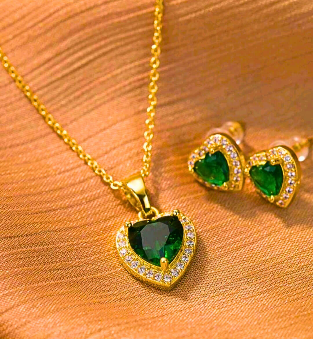 NEC0035 - Collar y Aretes Acero Inoxidable Corazón Circonita Verde Chapa Oro 10k Calenbi