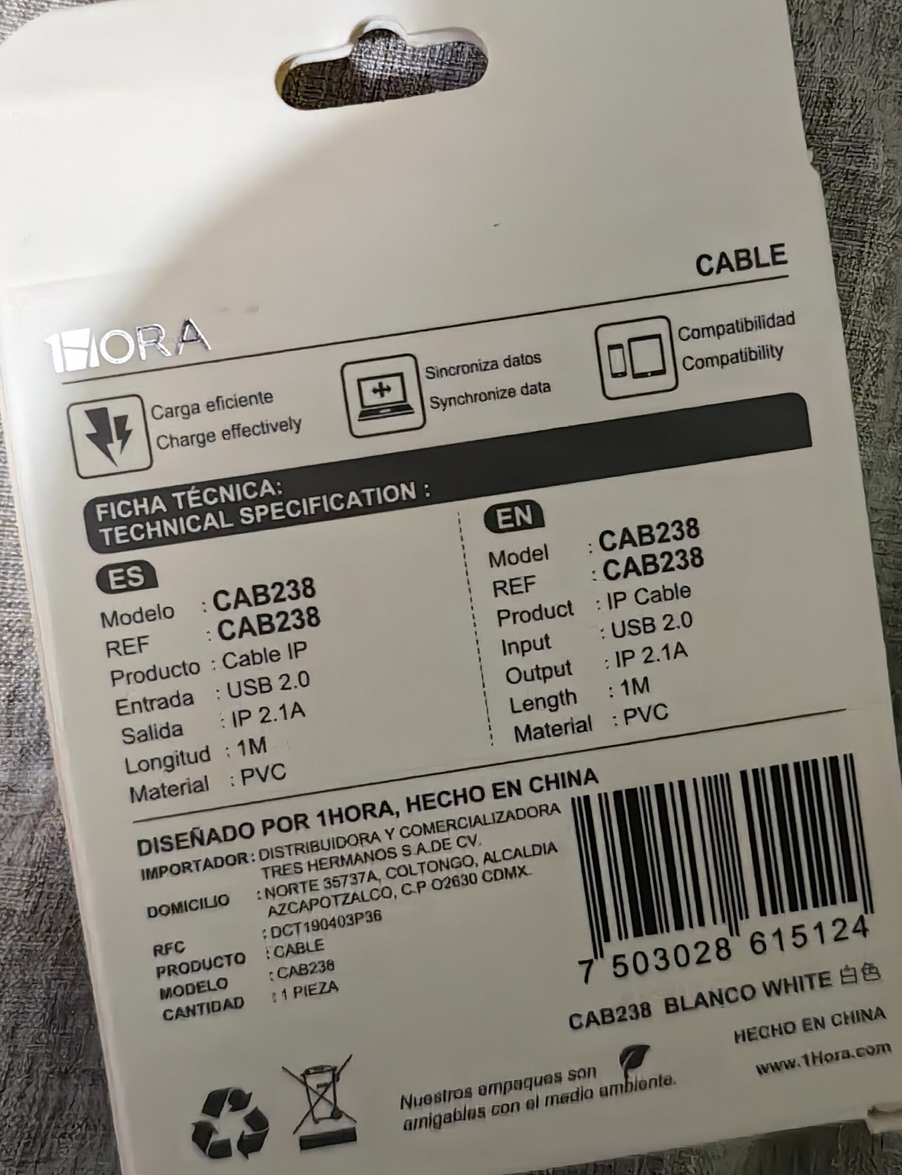 CAB238 - 1M Cable IP 2.1A De Carga y Datos 1Hora