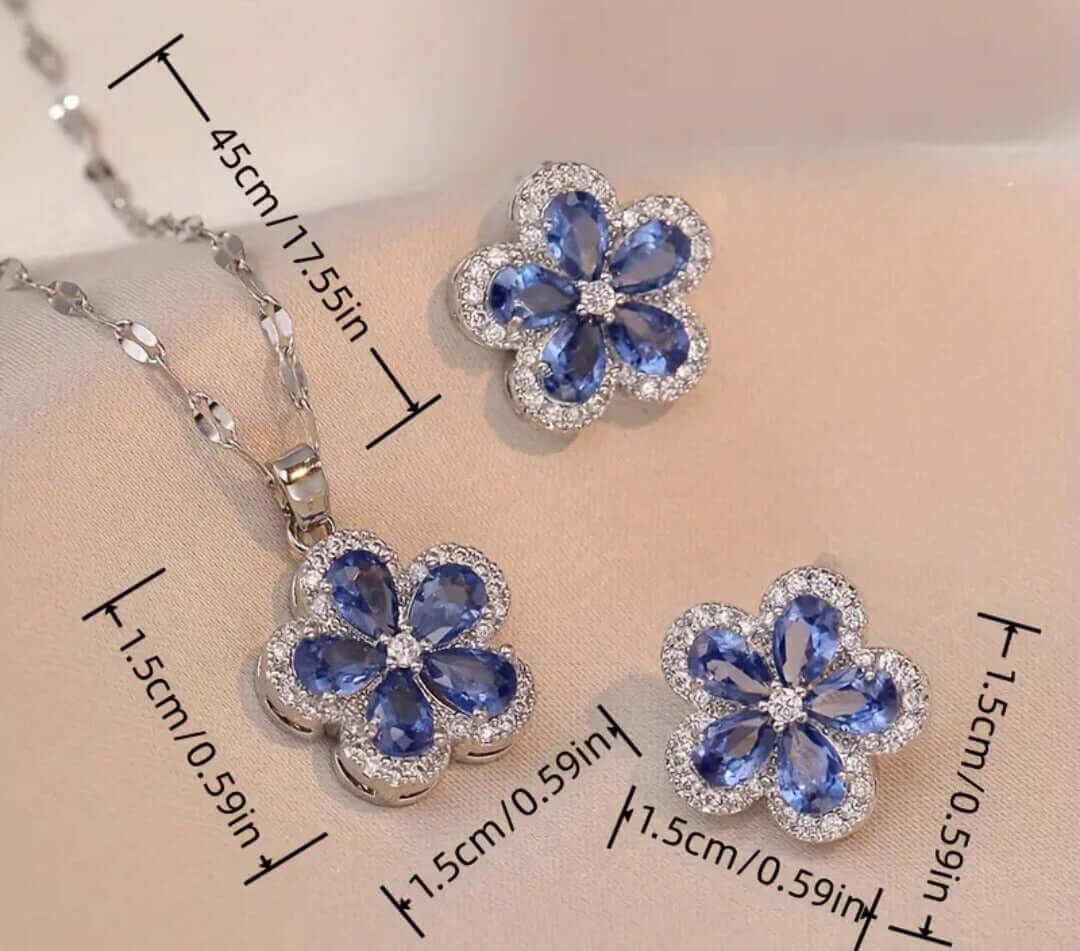 NEB0022 - Collar y Aretes Acero Inoxidable Circonita Cubica Flor Azul Calenbi
