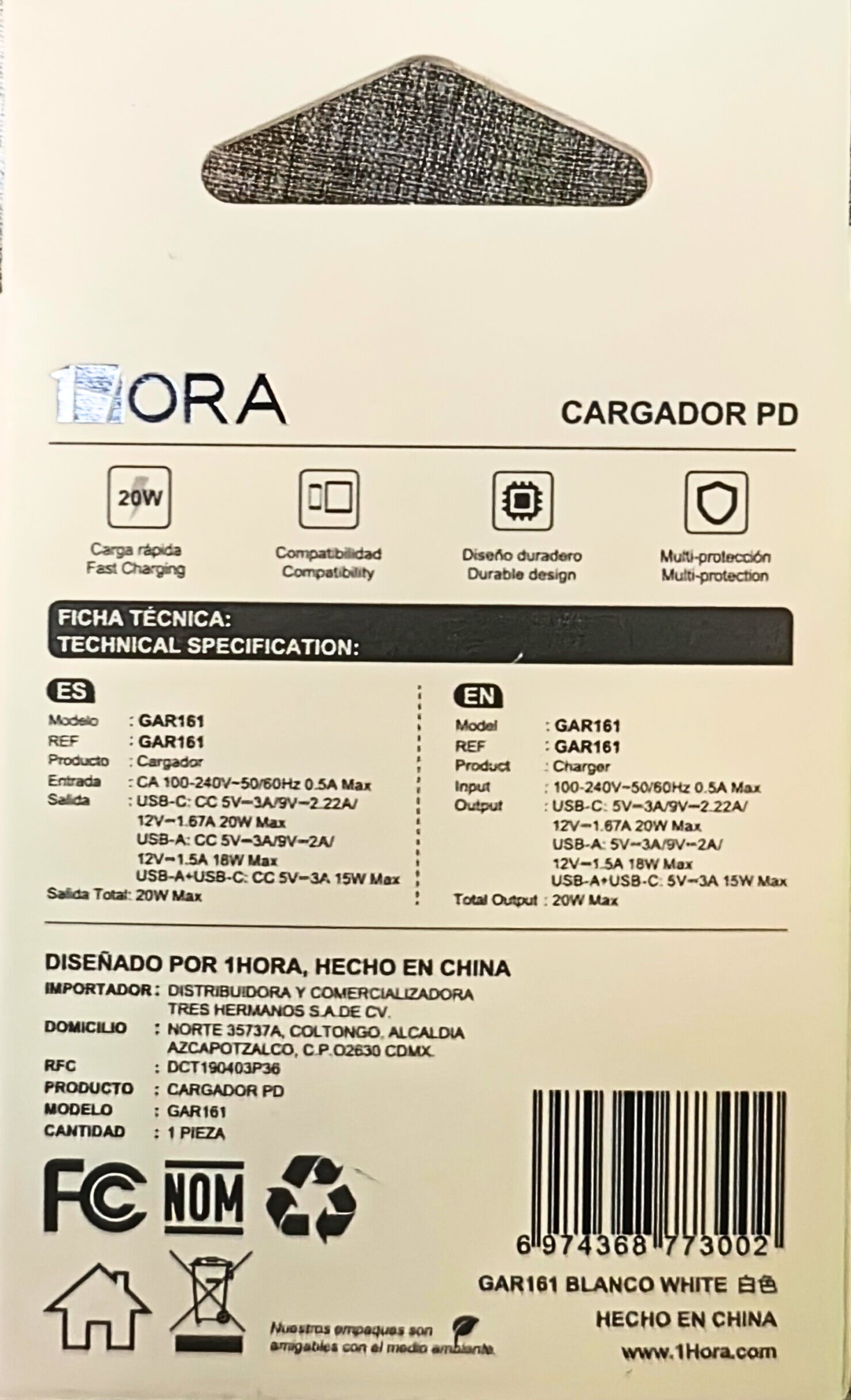 GAR152 - Cargador USB "C" PD 20W MAX 1Hora