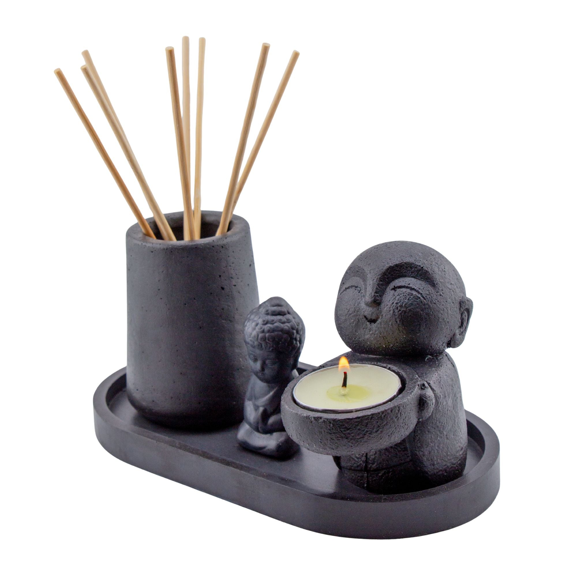 EOL - Set Holístico Buda Negro Mate | Portavelas Decorativo para Vela de Té / Tealight para Difusor Aromático | Vaso Vela Decorativa para Meditación y Aromaterapia para Espacios de Bienestar y Meditación