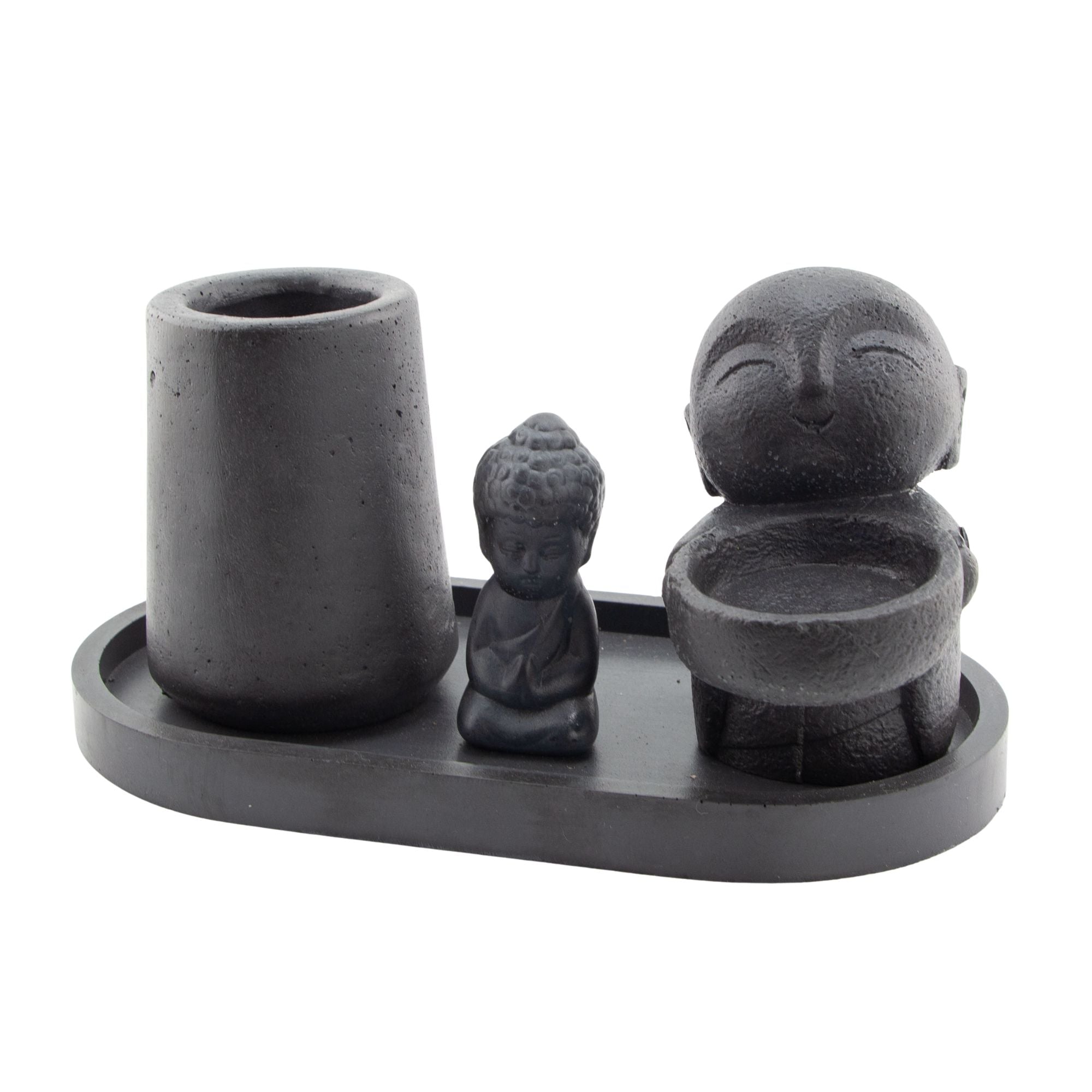 EOL - Set Holístico Buda Negro Mate | Portavelas Decorativo para Vela de Té / Tealight para Difusor Aromático | Vaso Vela Decorativa para Meditación y Aromaterapia para Espacios de Bienestar y Meditación
