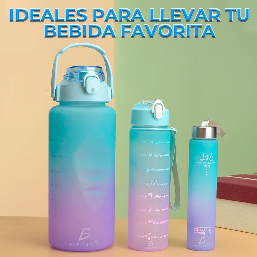 Botellas Vasos 3en Trio Motivacional Agua Popote Gym