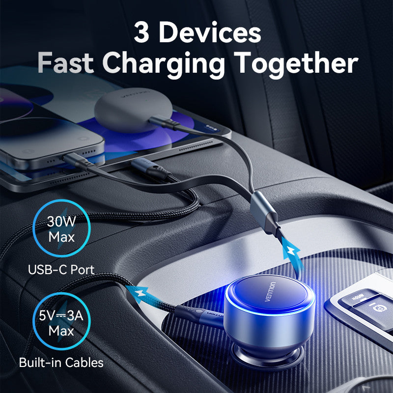Vention Cargador De Coche De Tres Puertos USB-C +/Lightning (30W + 30W/27W) Con Cable Incorporado Para Teléfono