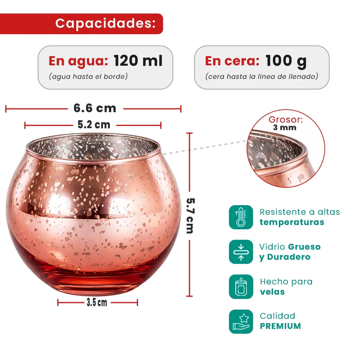Votivos Portavelas Pecera - Vaso de vidrio para velas redonda - Frasco Oro Rosado con Salpicaduras